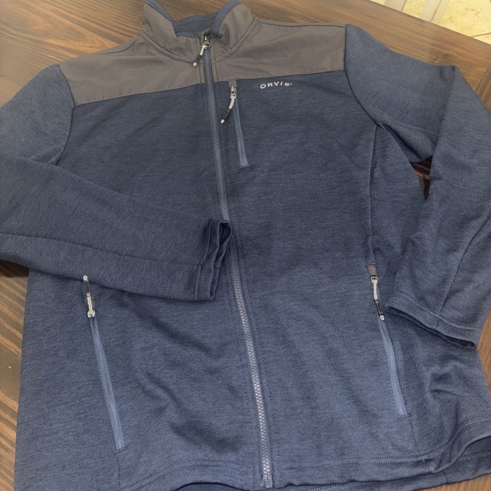 Orvis Sz Medium Mens Full Zip Fleece Gray Sweater Coat Blue Long Sleeve